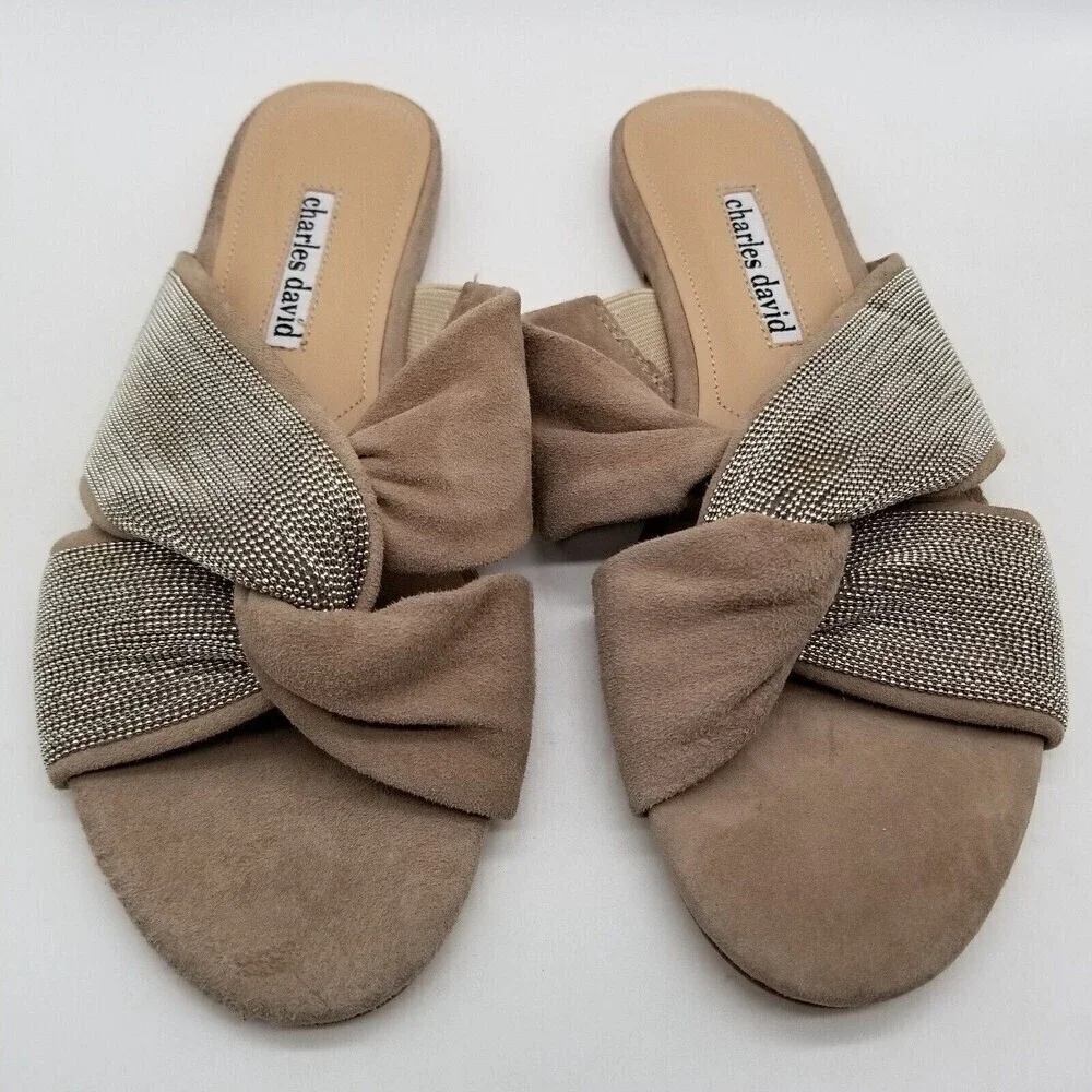 Charles David Women Kendall Slide Sandals‎ Knot Flats Gray Suede 6.5